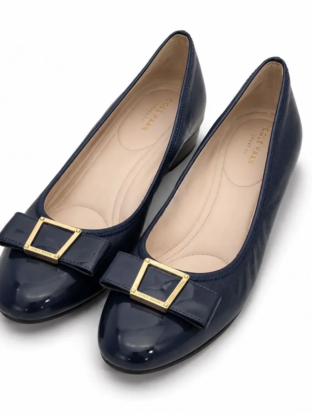 Cole Haan Grand.OS Navy Patent Cap Toe Wedge Ballet Pumps Gold Buckle 10 NWOT